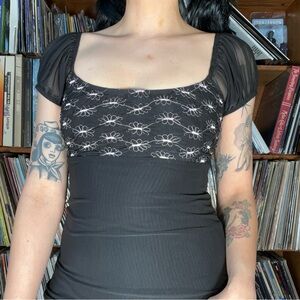 Black Square Neck Puff Sleeve Top with Floral Lace Bodice